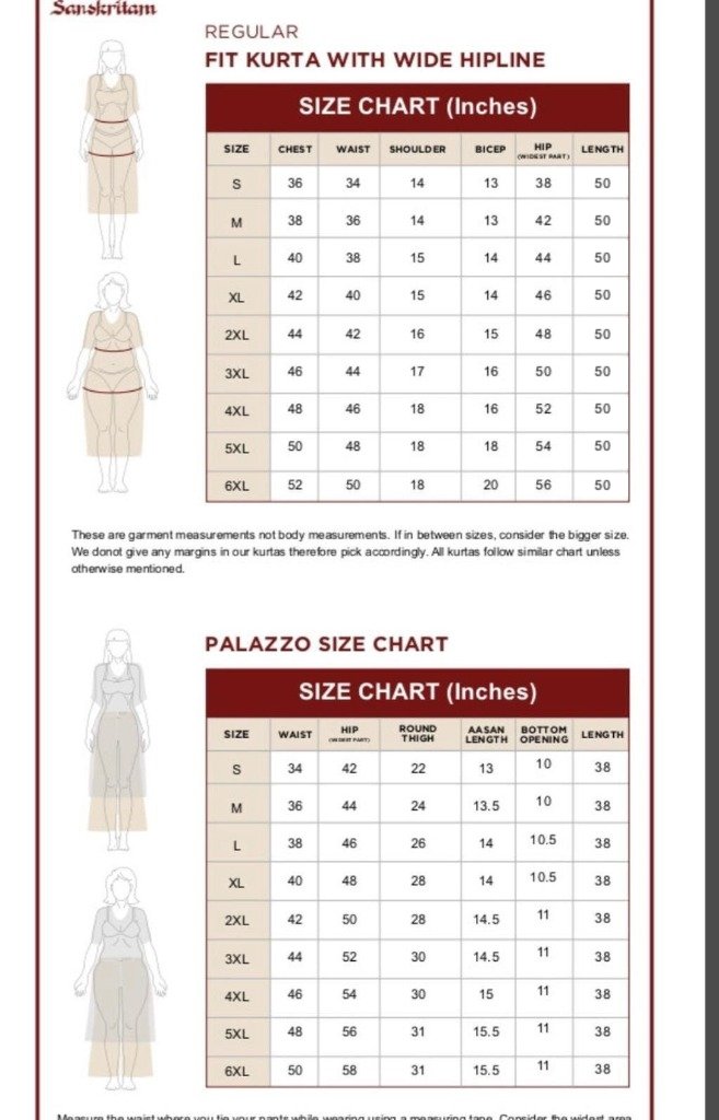 Regular Fit Kurta & Palazzo Size Chart